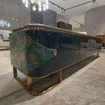 Refined Deep Green Textured TV Stand with Marble Top, Gold Metal Base and Concealed Storage Compartments